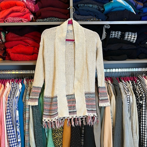 Roxy cream with multicolored stripes fringe detail long sleeve open front size S - Picture 1 of 3